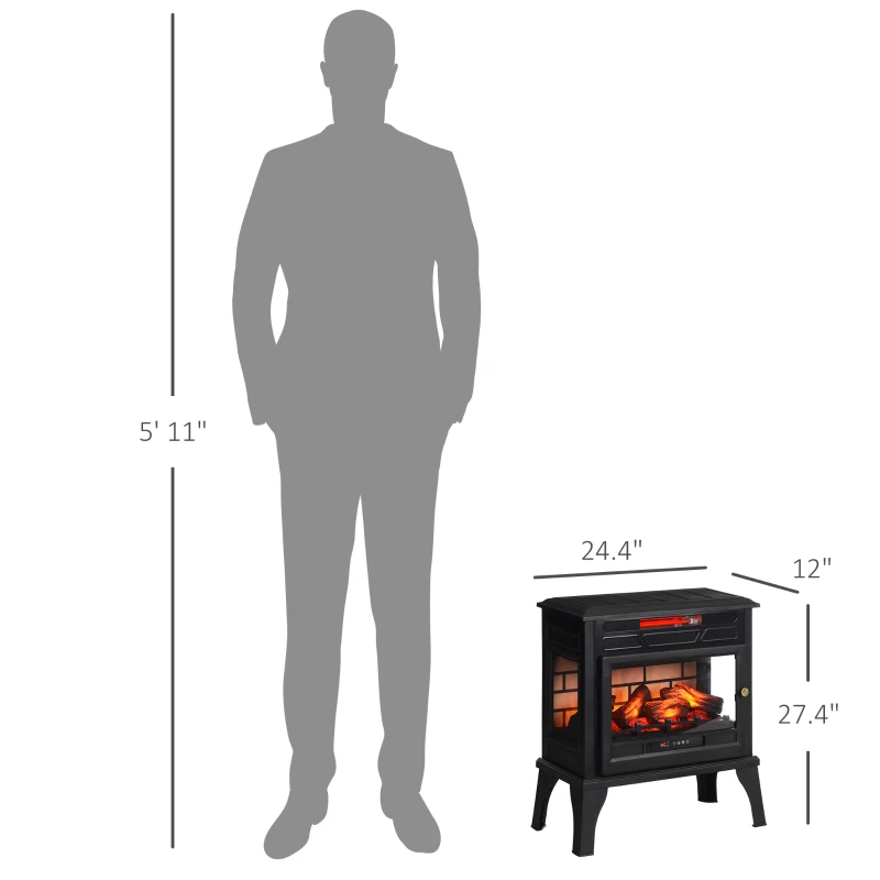 HOMCOM 24" Electric Fireplace Stove, 1000W/1500W Freestanding Fireplace Heater with Overheat Protection, Remote Control, Black