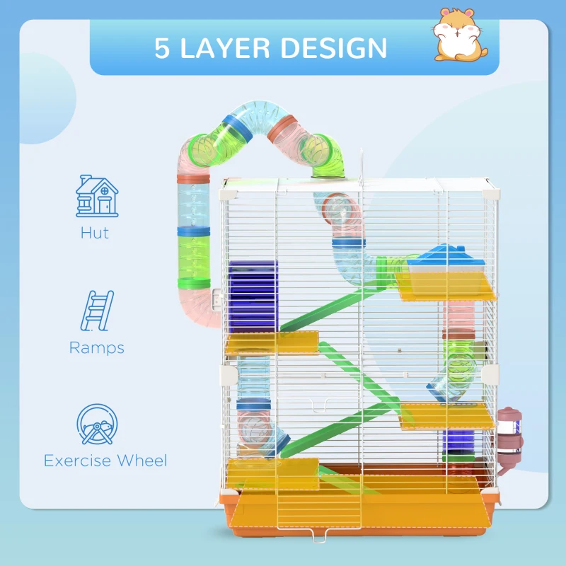 PawHut 5 Tiers Hamster Cage Portable with Exercise Wheels Play Tube Water Bottle Dishes House Ladder for Gerbils, Orange