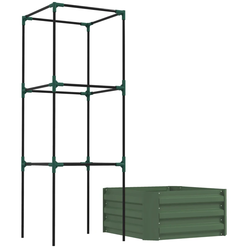 Outsunny Galvanized Planter Box, Outdoor Raised Garden Bed with 3-Tier Trellis Tomato Cage for Climbing Vines, Vegetables, Green