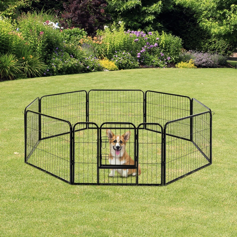 PawHut Dog Playpen, Wide 31.5"W Heavy-Duty Metal Puppy Play Pen, Pet Exercise Fences for Outside and Indoor, DIY Design with Door for Small Dogs, 8 Panels, 23.5"H