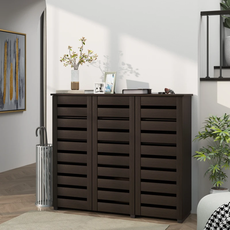 HOMCOM Narrow Shoe Cabinet with Slatted Doors, Adjustable Shelves for 20 Pairs of Shoes, Shoe Cabinet for Entryway, Dark Brown