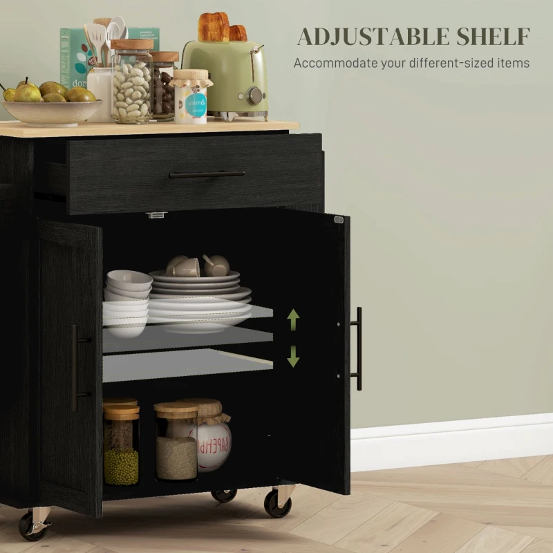 HOMCOM Rolling Island with Wheels for Kitchen, Kitchen Island on Rollers with Power Outlets, Drawer, and Doors, Black