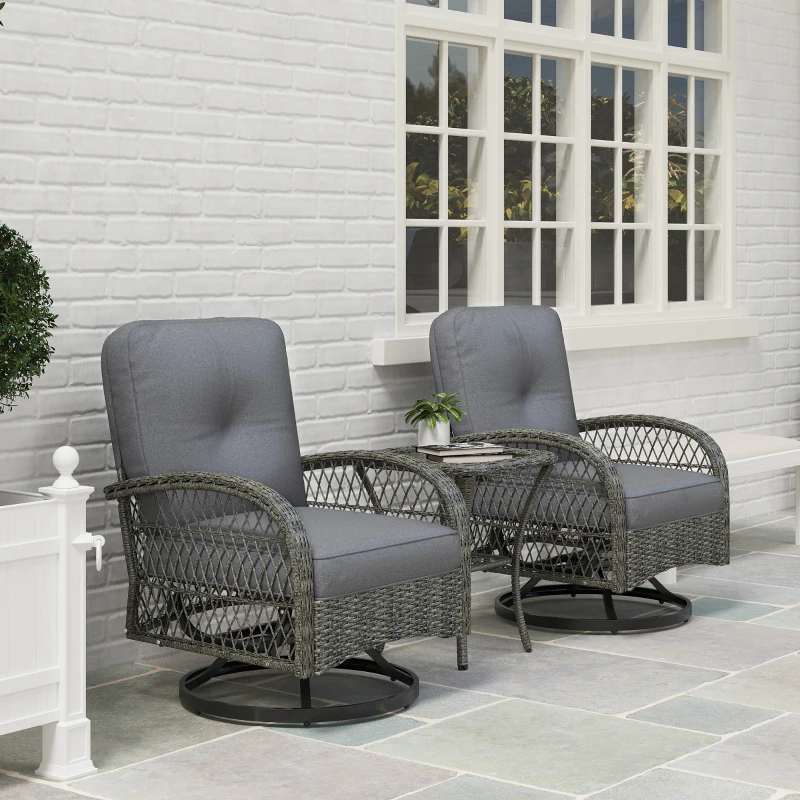 Outsunny Wicker Balcony Furniture with 2 Swivel Rocking Chairs and 2-Tier Glass Coffee Table, 3 Piece Patio Set for Porch, Grey