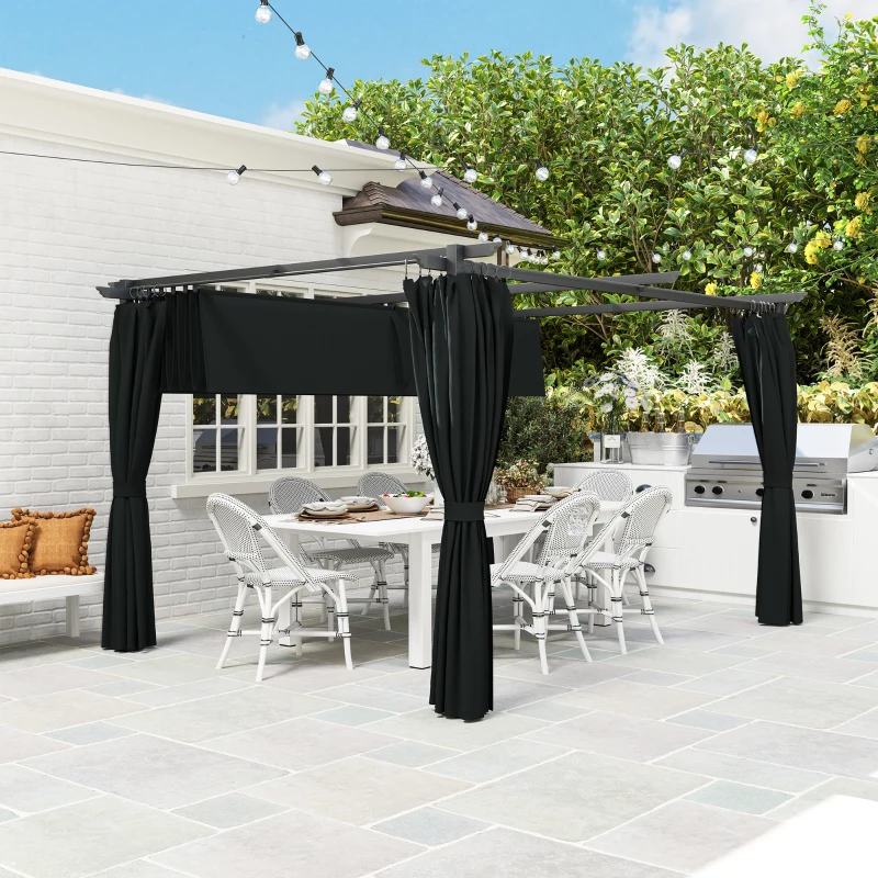 Outsunny 10' x 13' Pergola with Retractable Canopy and Curtains, UPF30+ Sun Shade Shelter for Grill, Garden, Backyard, Deck