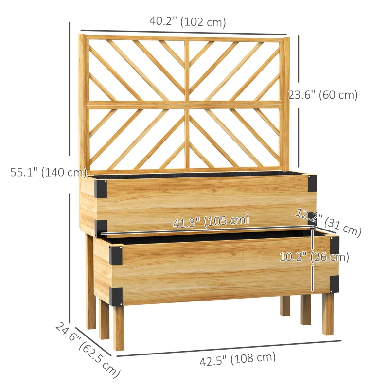 Outsunny Raised Garden Bed with Trellis, 2 Tier Wooden Elevated Planter Box, for Vegetables, Flowers, Herbs, Natural