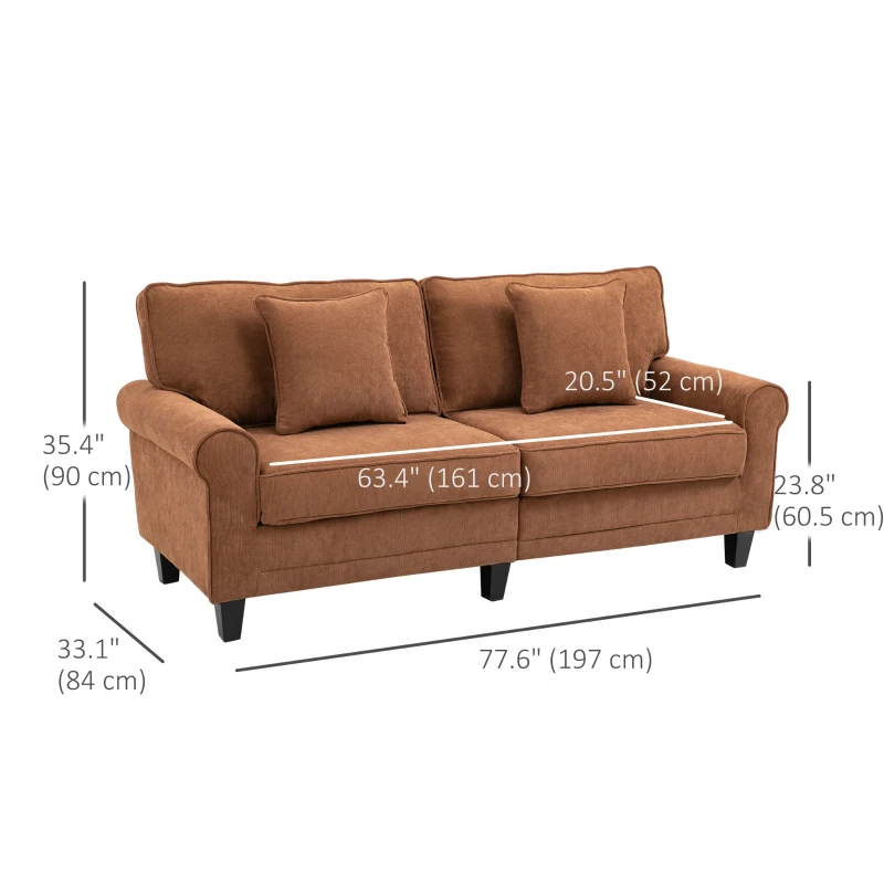 HOMCOM Modern 3 Seater Sofa, Corduroy Fabric 3 Seater Couch with Pine Wood Legs and Rolled Armrests for Living Room, Brown