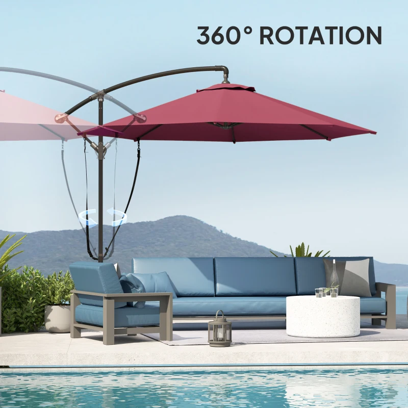 Outsunny 9.5' Cantilever Umbrella with Wind Protection Strap and Cover, Hanging Umbrella with Crank and Cross Base, UPF 50+, Red