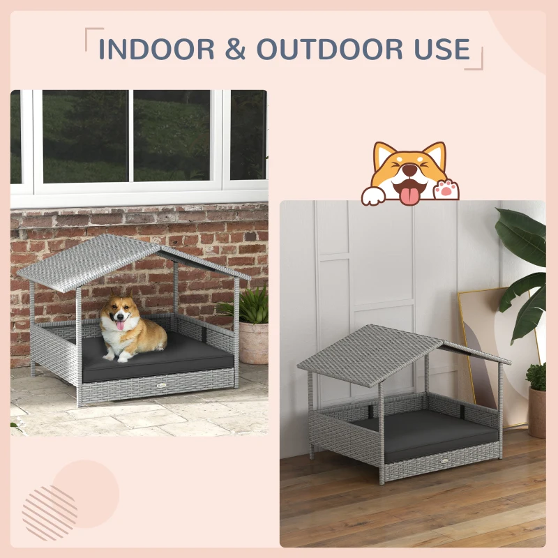 PawHut Wicker Dog House Outdoor with Canopy, Rattan Dog Bed with Water-resistant Cushion, Raised Pet Bed for Small, Medium Breeds up to 66 lbs, 20" in Length, Silver Wicker, Gray Cushion