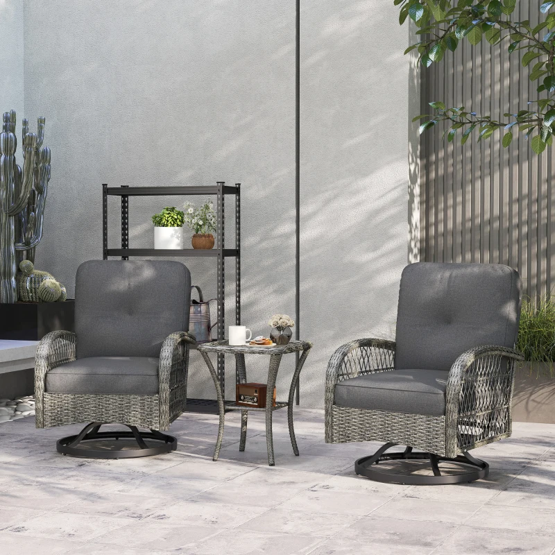Outsunny Wicker Balcony Furniture with 2 Swivel Rocking Chairs and 2-Tier Glass Coffee Table, 3 Piece Patio Set for Porch, Grey