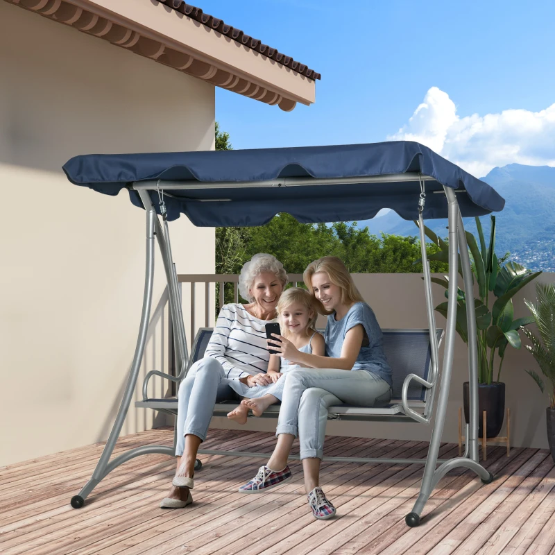Outsunny 3-Seat Outdoor Porch Swing Chair, Patio Swing Glider with Adjustable Canopy, Breathable Seat, and Steel Frame for Garden, Poolside, Backyard, Blue