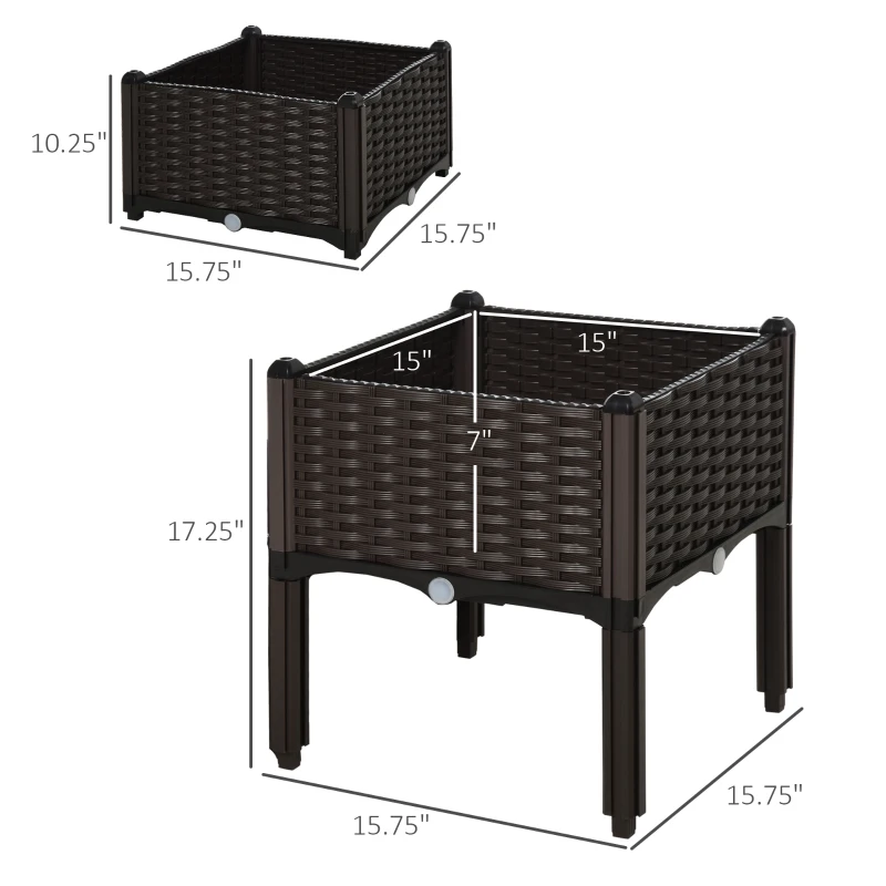 Outsunny 2 Piece Raised Garden Bed PP Raised Flower Bed Vegetable Herb Grow Box Stand Brown