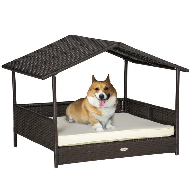 PawHut Wicker Dog House Outdoor with Canopy, Rattan Dog Bed with Water-resistant Cushion, Raised Dog Bed for Small, Medium Dogs up to 66 lbs,