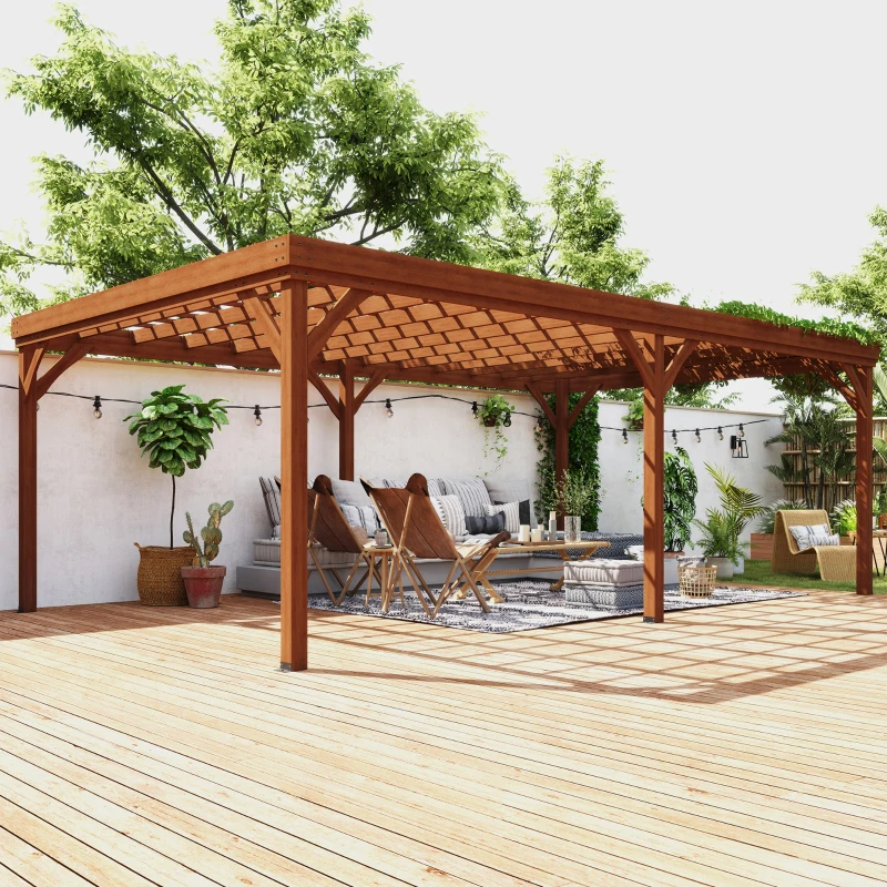 Outsunny 12' x 20' Outdoor Wooden Pergola, Grape Vine Gazebo with Concrete Anchors for Garden, Patio, Backyard, Deck, Brown(m-2)