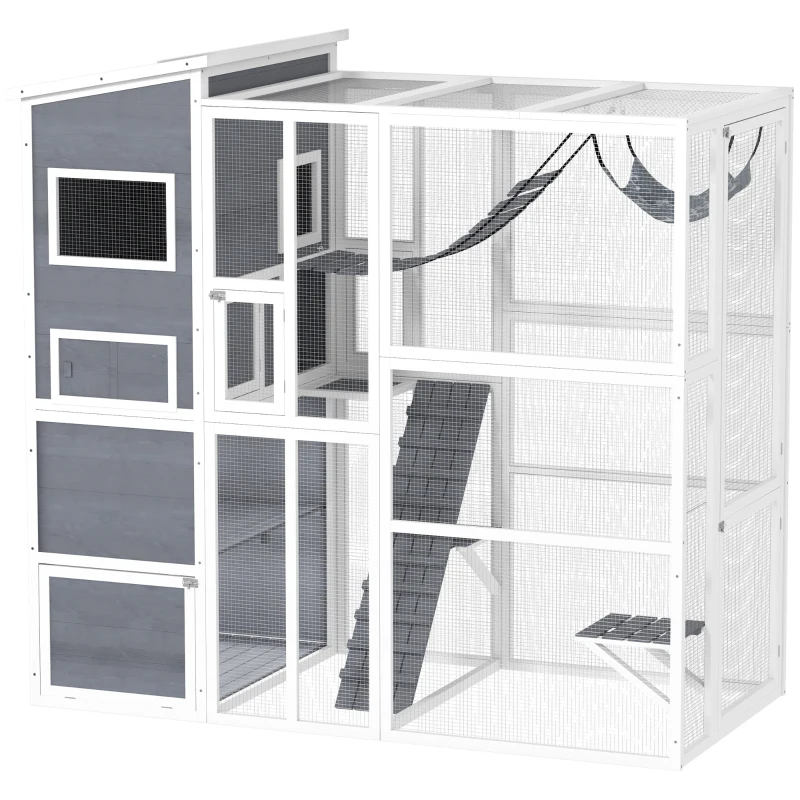 PawHut 76" Catio Outdoor Cat Enclosure with Cat Condo, Jumping Platforms, Ladder, Ramps, Hammock for 2-3 Indoor Cats, Grey
