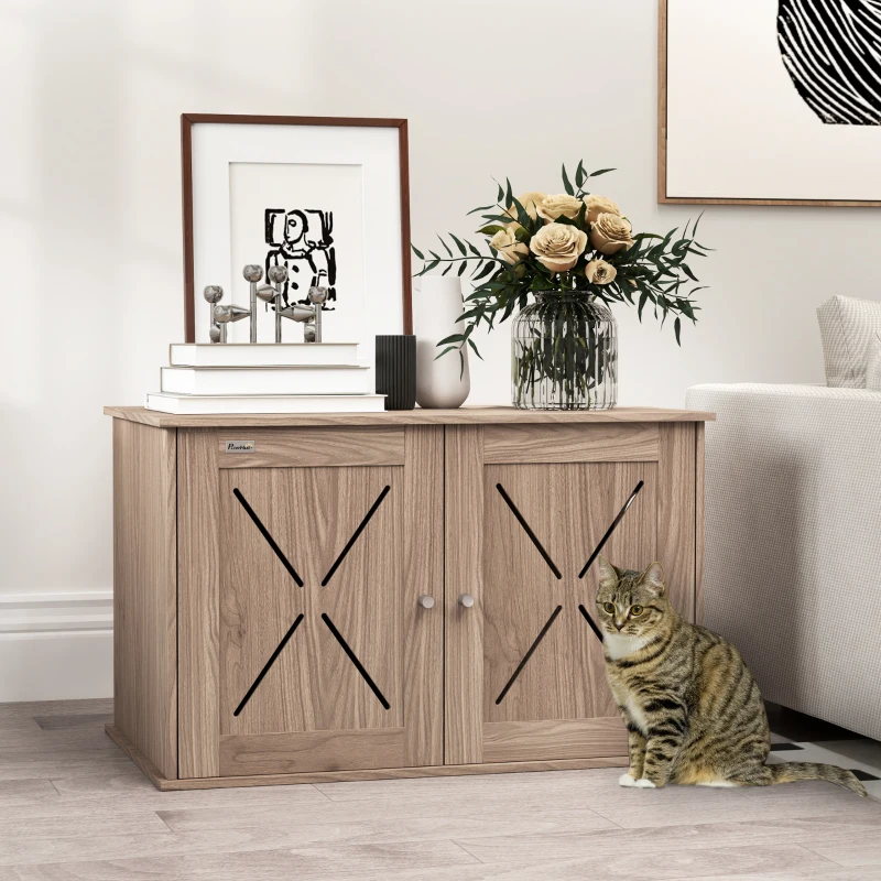 PawHut Hidden Cat Litter Box Enclosure with Ventilated Door, Cat Hole, Cat Washroom, Indoor Cat House, Walnut