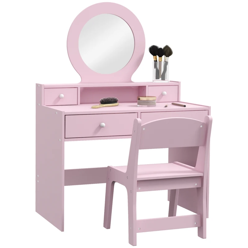 Qaba Kids Vanity Set, Children Makeup Table with Mirror, Stool and Storage Drawers, for Ages 3-8, Pink