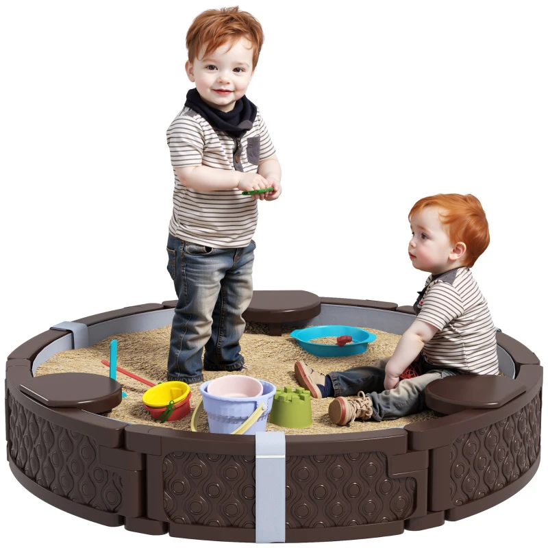 Qaba 47" Round Kids Sandbox with Cover, 3 Seats, Waterproof Bottom Liner, for Backyard, Lawn, Garden, Beach, Patio, Brown
