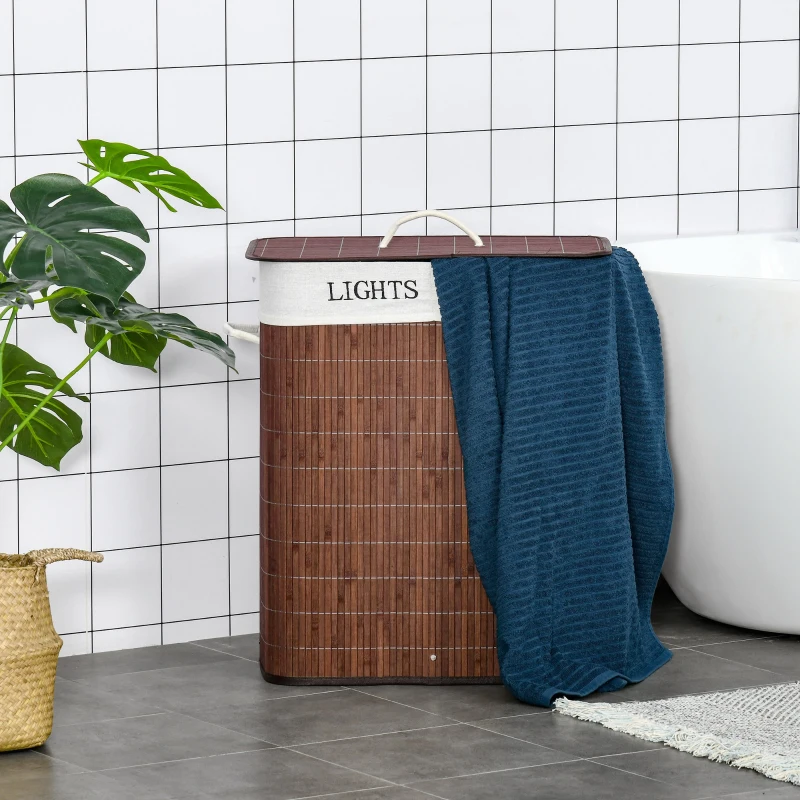 HOMCOM Bamboo Laundry Basket with Lid and String Handles, Collapsible Laundry Hamper with 2 Removable Bags, Brown