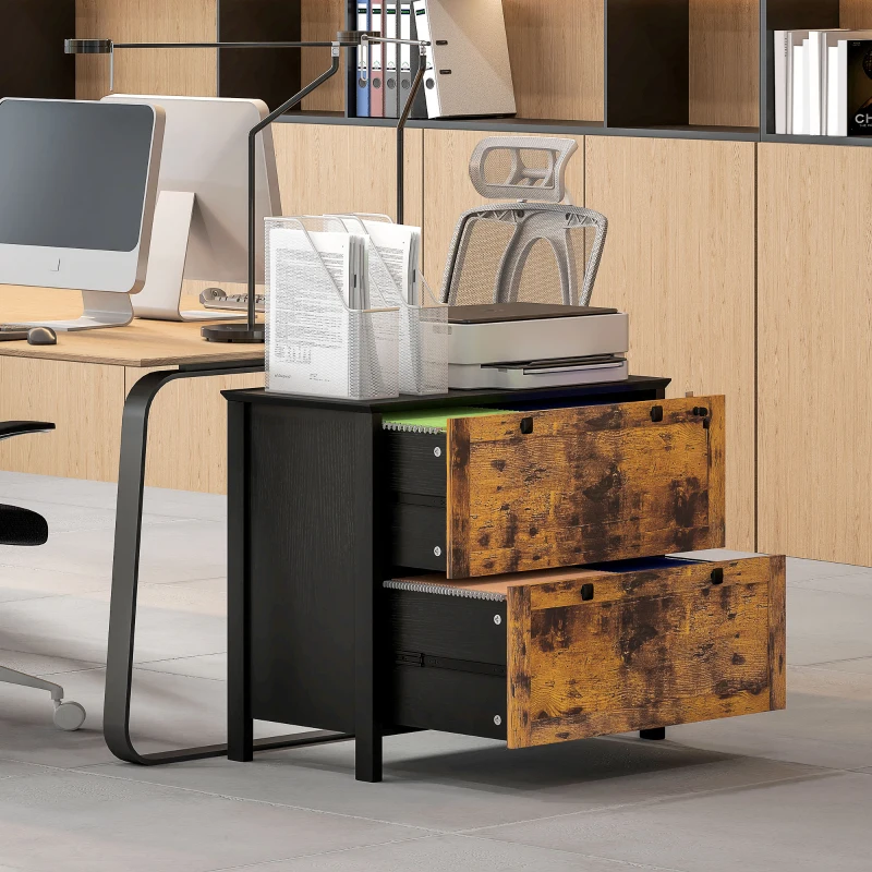 HOMCOM 2 Drawer File Cabinet, Lockable Filing Cabinet with Adjustable Hanging Bar for Letter, A4 Size, Rustic Brown