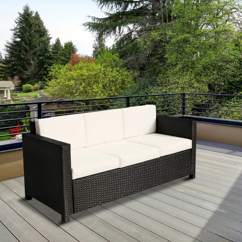 Outsunny Deluxe 3 Seat Rattan Wicker Sofa Garden Outdoor Patio Furniture with Cushion, Cream White