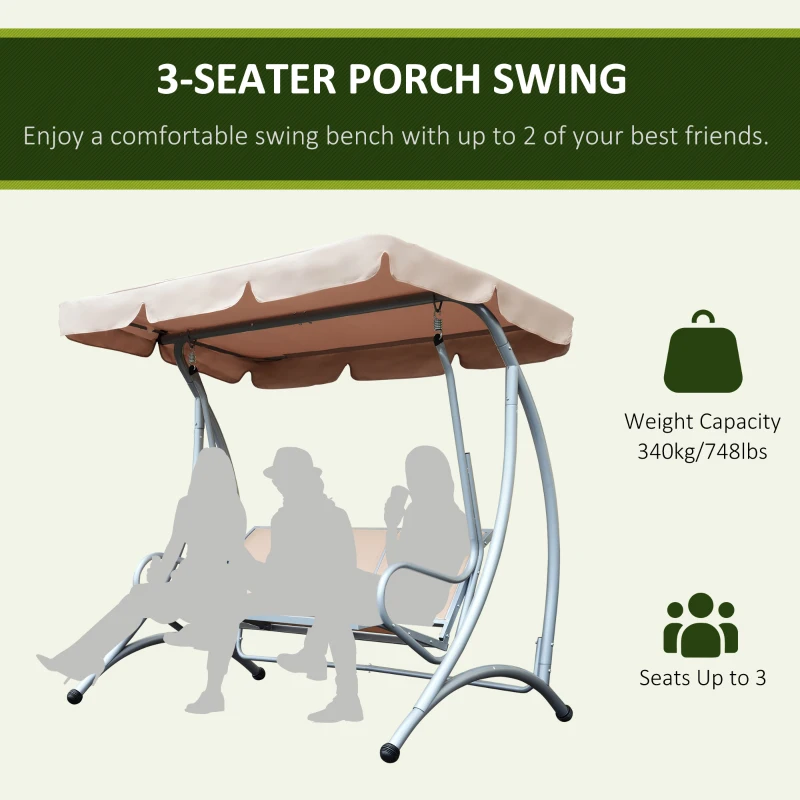 Outsunny 3-Seat Outdoor Porch Swing Chair, Patio Swing Glider with Adjustable Canopy, Breathable Seat, and Steel Frame for Garden, Poolside, Backyard, Beige