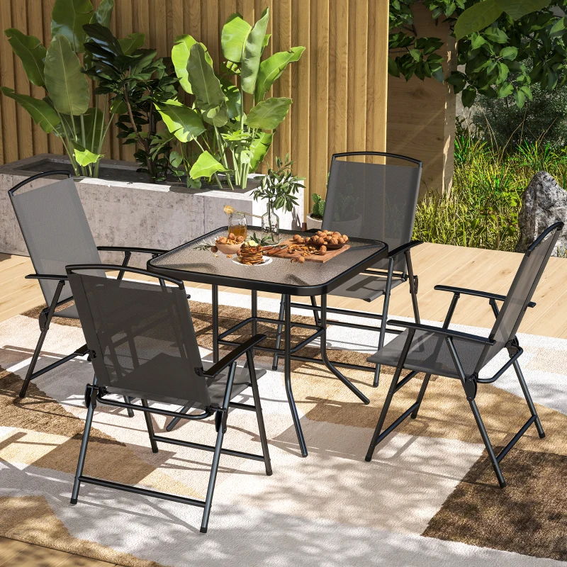 Outsunny 5 Pieces Outdoor Patio Dining Set with Glass Top Table and 4 Mesh Folding Chairs, Small Outdoor Patio Furniture, Grey