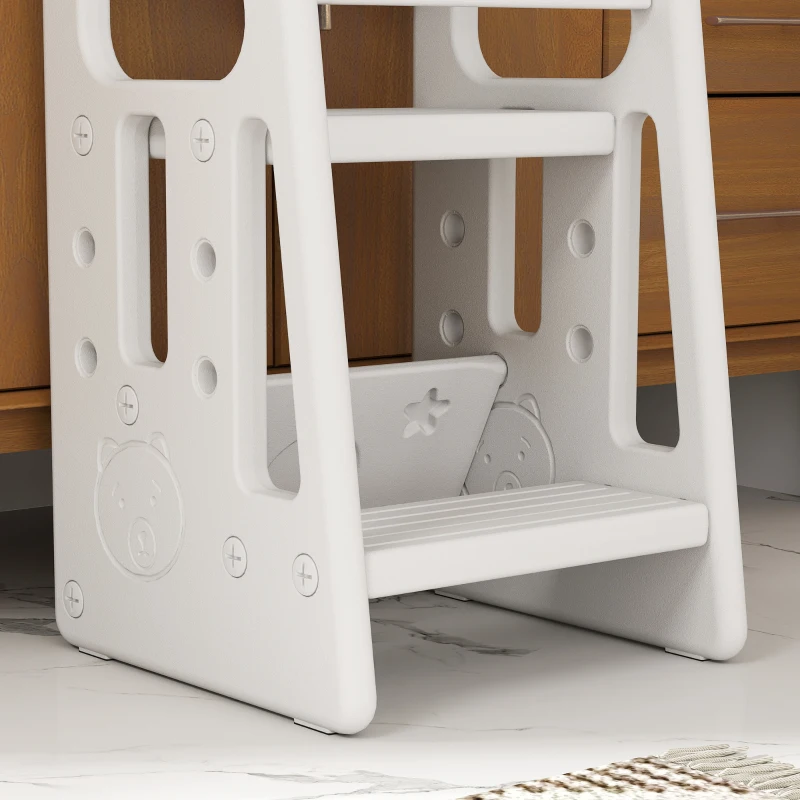 Qaba Toddler Kitchen Helper 2 Step Stool with Adjustable Height Platform and Safety Rail, White