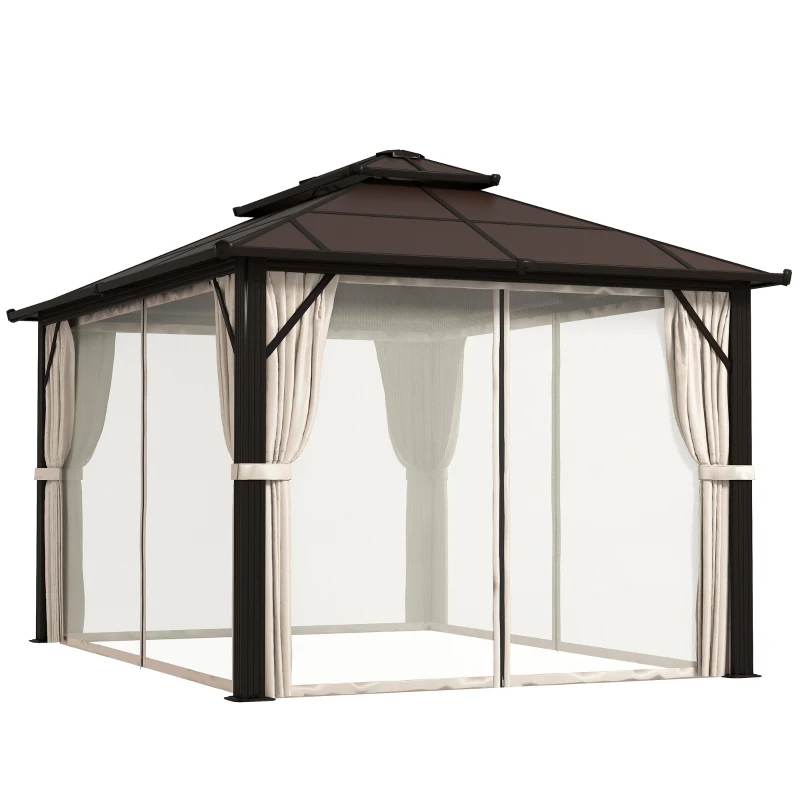 Outsunny 10' x 13' Hardtop Gazebo Canopy with UPF30+ Double Polycarbonate Roof, Aluminum Frame, Netting and Curtains, Beige