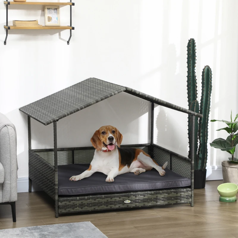 PawHut Outdoor Dog Bed with Canopy, Rattan Dog Bed with Soft Cushion Removable Cover for Medium and Large Dogs, Dark Gray