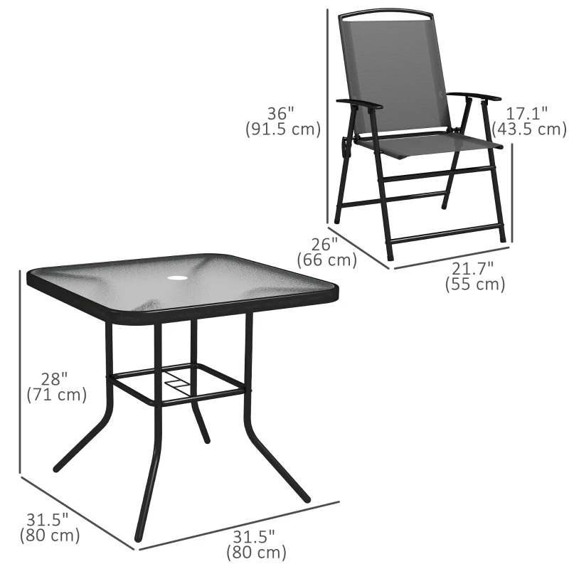 Outsunny 5 Pieces Outdoor Patio Dining Set with Glass Top Table and 4 Mesh Folding Chairs, Small Outdoor Patio Furniture, Grey