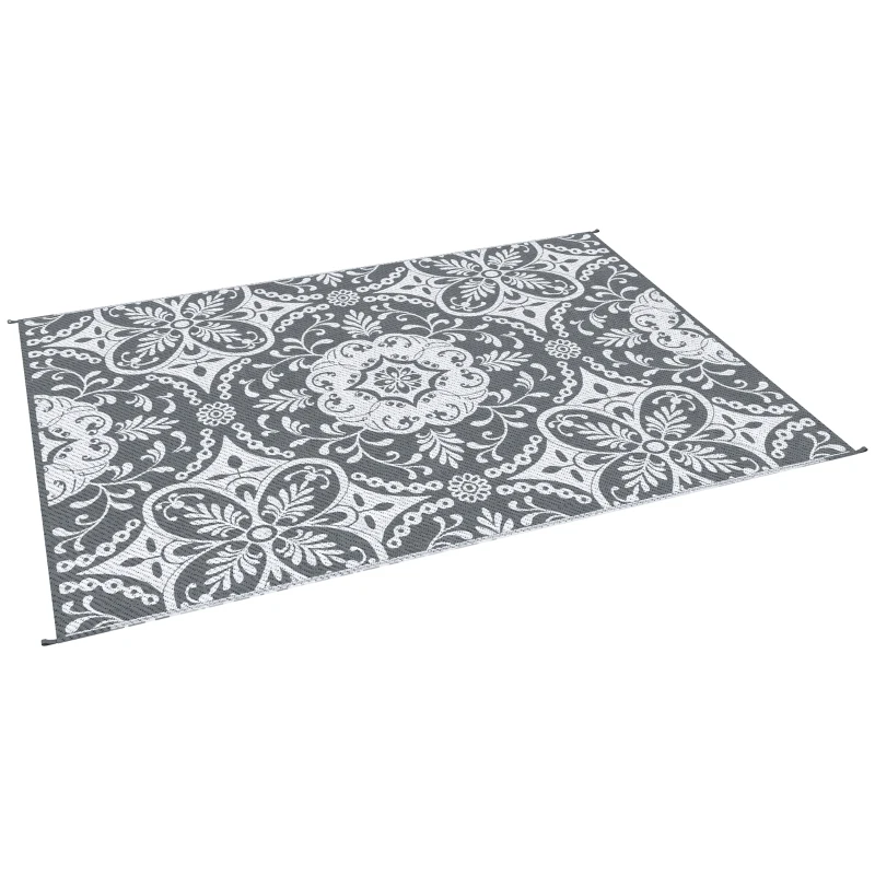 Outsunny Portable Outdoor Rug with Carry Bag, 9' x 12' Reversible Mat, Waterproof Plastic Straw RV Rug for Backyard, Deck, Picnic, Beach, Camping, Gray & White Flower