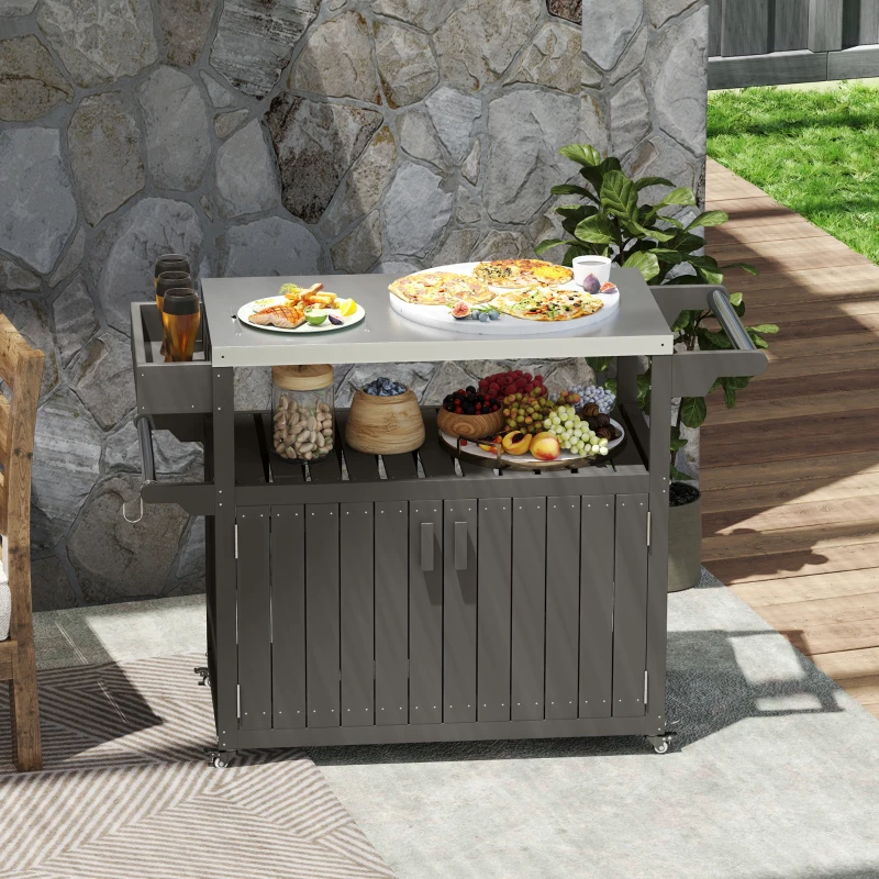 Outsunny Outdoor Bar Cart with Storage Cabinet, Stainless Steel Outdoor Bar Table Top, Wheeled HDPE Kitchen Island for Food Prep
