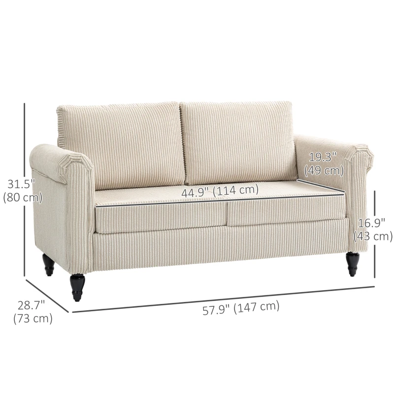 HOMCOM Vintage Loveseat, Upholstered Love Seat Furniture, Fabric 2 Seater Sofa with Rolled Arms, Rubber Wood Legs, Beige