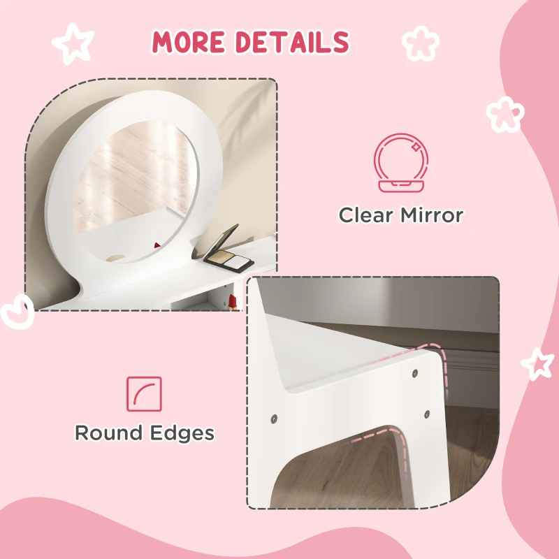 Qaba Kids Vanity Set, Children Makeup Table with Mirror, Stool and Storage Drawers, for Ages 3-8, White