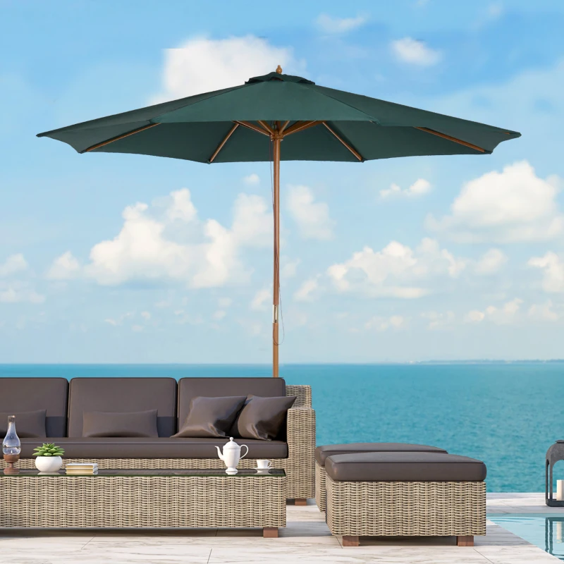 Outsunny 10FT Round Patio Umbrella with Rope Pulley Mechanism, Wooden Market Umbrella, Garden Parasol with 8 Ribs, Dark Green