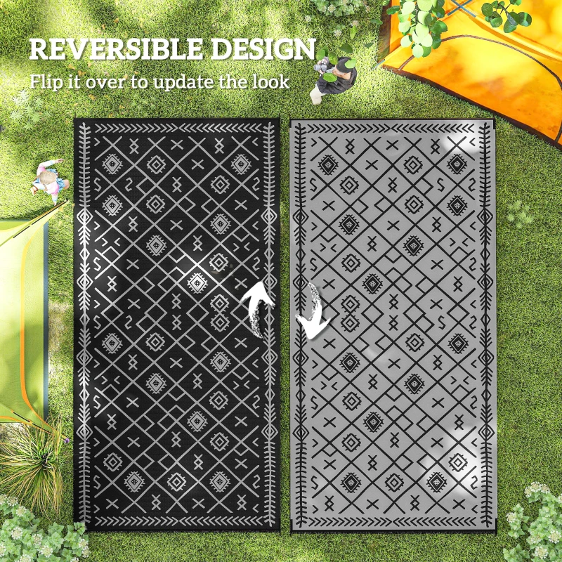 Outsunny Reversible Outdoor Rug, Waterproof Plastic Straw with Carry Bag, 9' x 18', Black & Gray Rhombus