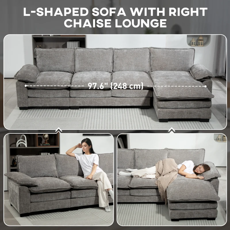 HOMCOM Sofa Couch with Chaise Lounge, Chenille L-shaped Couch with Double-layer Seat Cushion for Living Room, Grey