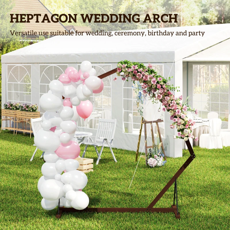 Outsunny 7FT Heptagon Wooden Wedding Arch with Triangular Base, Ground Stakes for Ceremony, Garden, Birthday, Brown