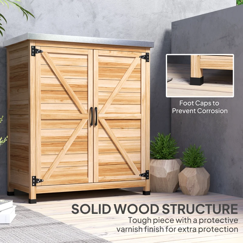 Outsunny Wooden Storage Cabinet, Outdoor Prep Table w/ Metal Tabletop, Shelves and Double Doors for Patio, Garden, Natural Wood