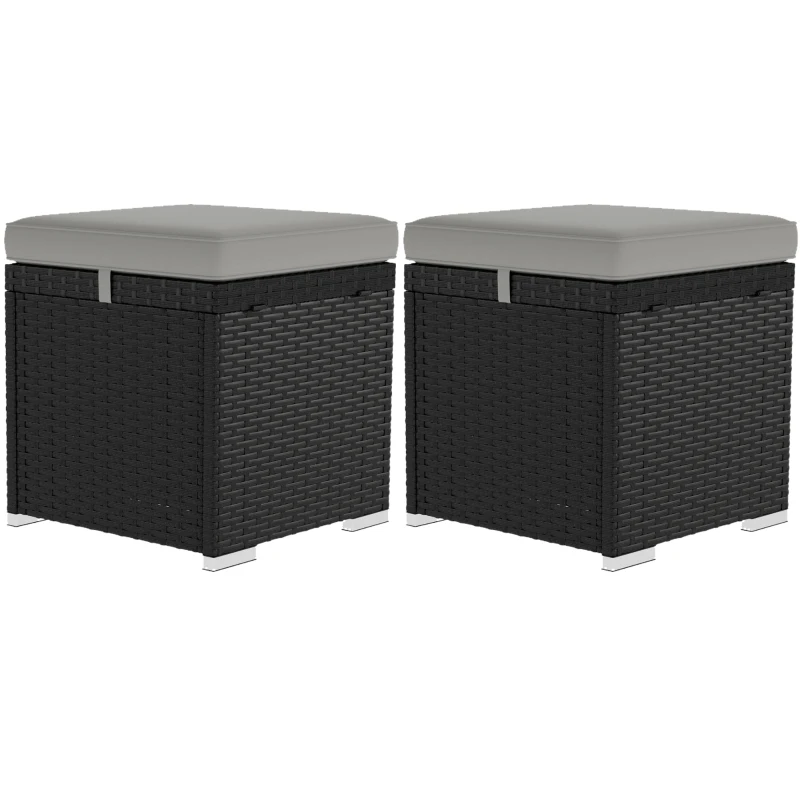 Outsunny 2 Pieces Wicker Outdoor Ottoman with Storage, Removable Cushion, Square Outdoor Footstool, Seating, Side Table, Grey