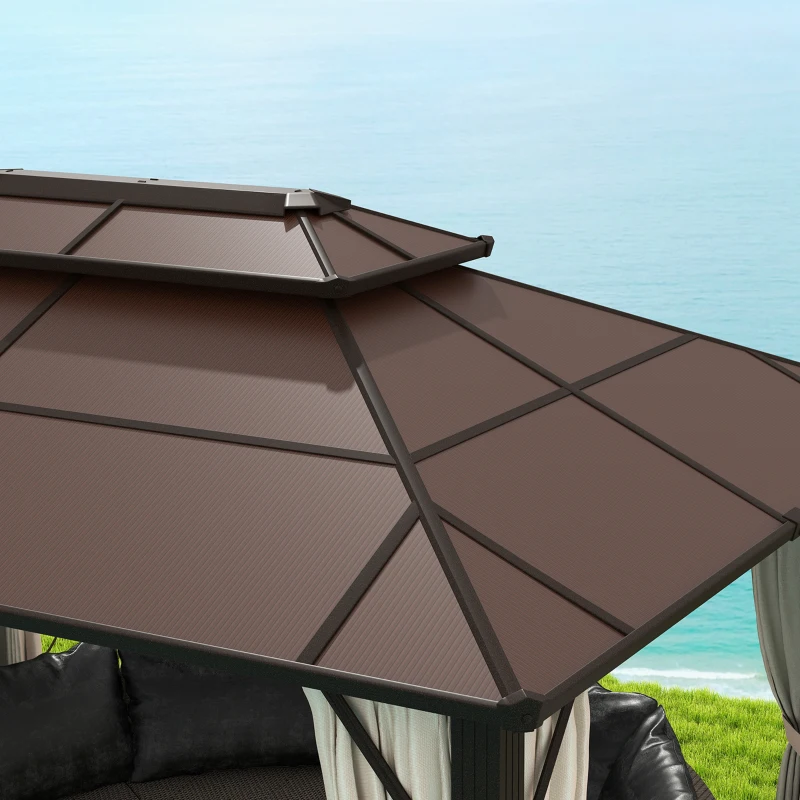 Outsunny 10' x 13' Hardtop Gazebo Canopy with UPF30+ Double Polycarbonate Roof, Aluminum Frame, Netting and Curtains, Beige