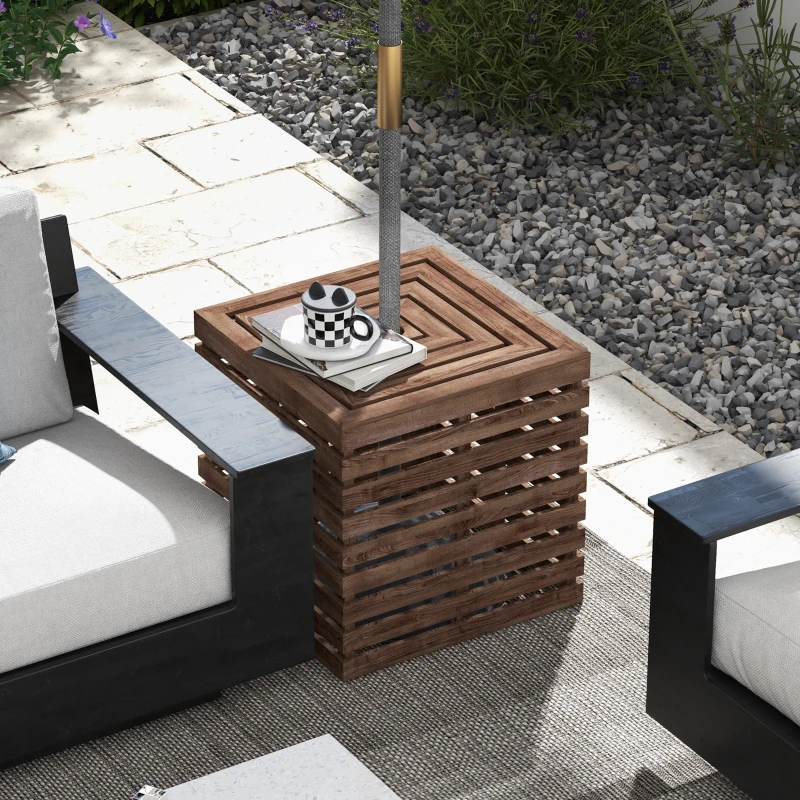 Outsunny 2-in-1 Outdoor Umbrella Base Storage Box, Wooden Patio Coffee Table, Brown