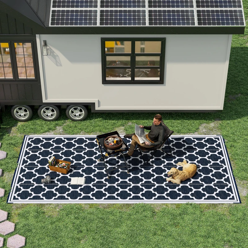 Outsunny Reversible Outdoor RV Rug, 9' x 18' Patio Floor Mat, Plastic Straw Rug for Backyard, Deck, Picnic, Beach, Camping, Dark Blue and White
