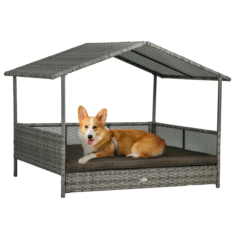 PawHut Outdoor Dog Bed with Canopy, Rattan Dog Bed with Soft Cushion Removable Cover for Medium and Large Dogs, Charcoal Gray