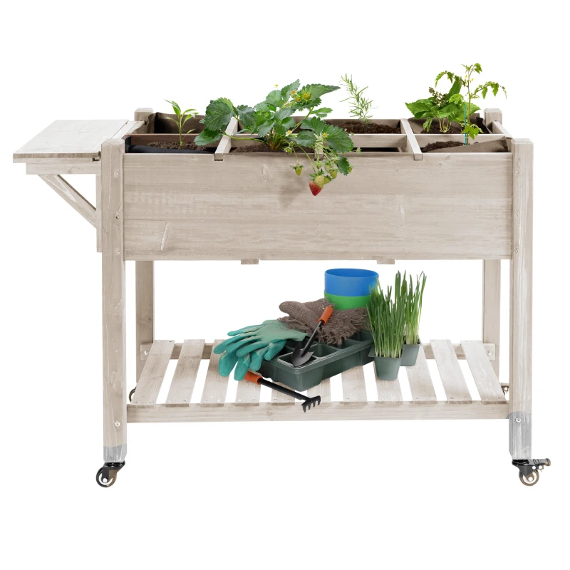 Outsunny Raised Garden Bed Planter Box w/ 8 Grow Grids, Storage Shelf & Lockable Wheels