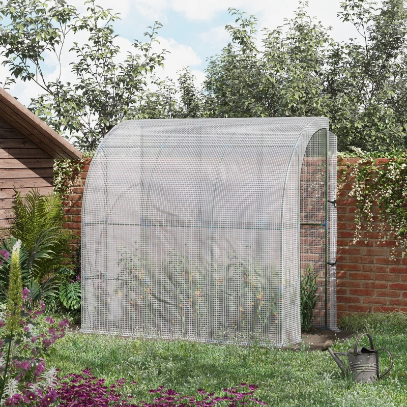 Outsunny 7' x 4' x 7' Outdoor Lean to Greenhouse, Walk-In Green House Plant Nursery with Roll-up Window, PE Cover, White