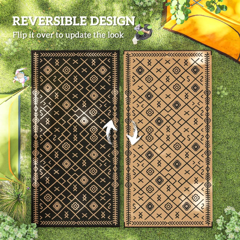 Outsunny Reversible Outdoor Rug, Waterproof Plastic Straw with Carry Bag, 9' x 18', Black & Brown Rhombus