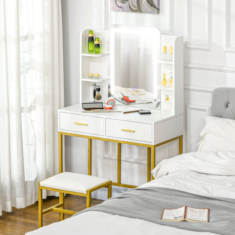 HOMCOM Makeup Vanity Table Set with 3 Colour LED Lighting Mirror, Stool, Drawers, Shelves, Dressing Table for Bedroom, White