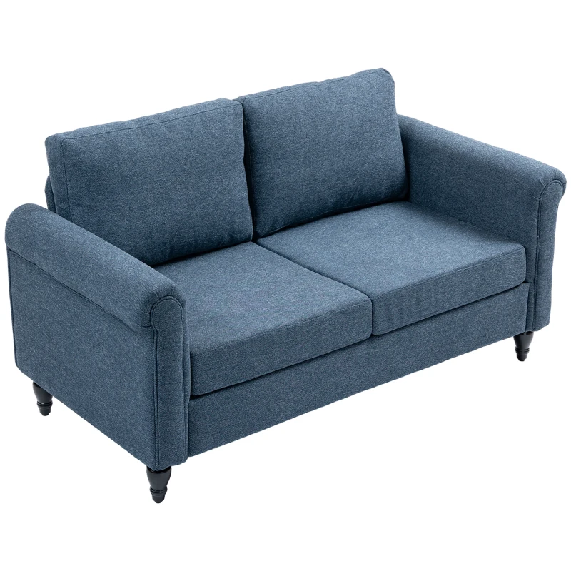 HOMCOM Vintage Loveseat, Upholstered Love Seat Furniture, Fabric 2 Seater Sofa with Rolled Arms, Rubber Wood Legs, Dark Blue