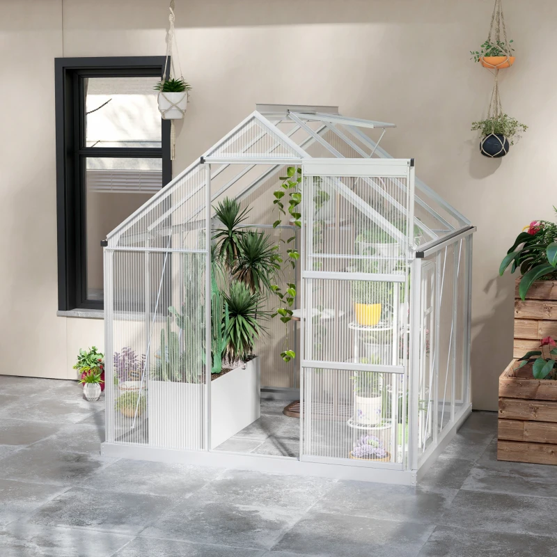 Outsunny 6' x 6' Walk-In Greenhouse, Polycarbonate Greenhouse with Sliding Door, Window, Aluminium Frame, Foundation, Silver